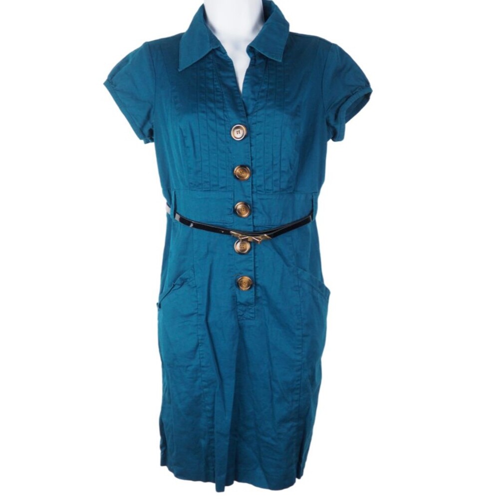 Amanda Lane Snap Button Cotton Belted Teal Dress with Pintuck Bondice  Size 6